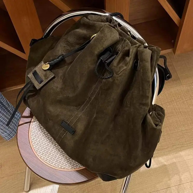 Trendy Retro Frosted Suede Bucket Backpack | Stylish Large Capacity Bag