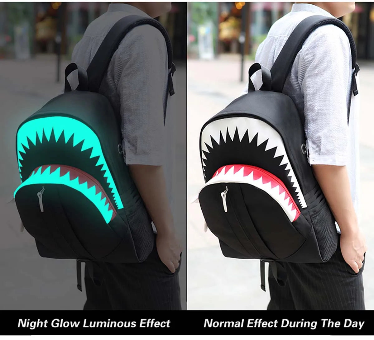 Luminous Shark Mouth Backpack | USB Laptop Travel Bag for Teens