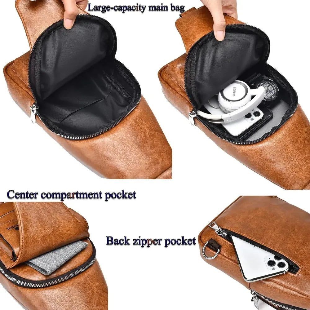 Men's PU Leather Sling Bag - Stylish Crossbody Chest Backpack