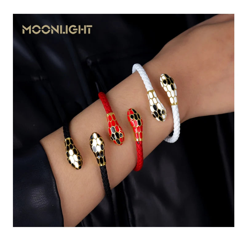 MOONLIGHT Classic Style Double Snake Head Cuff Bangles for Women Genuine Braided Leather Bracelets Female Fashion Jewelry Gifts