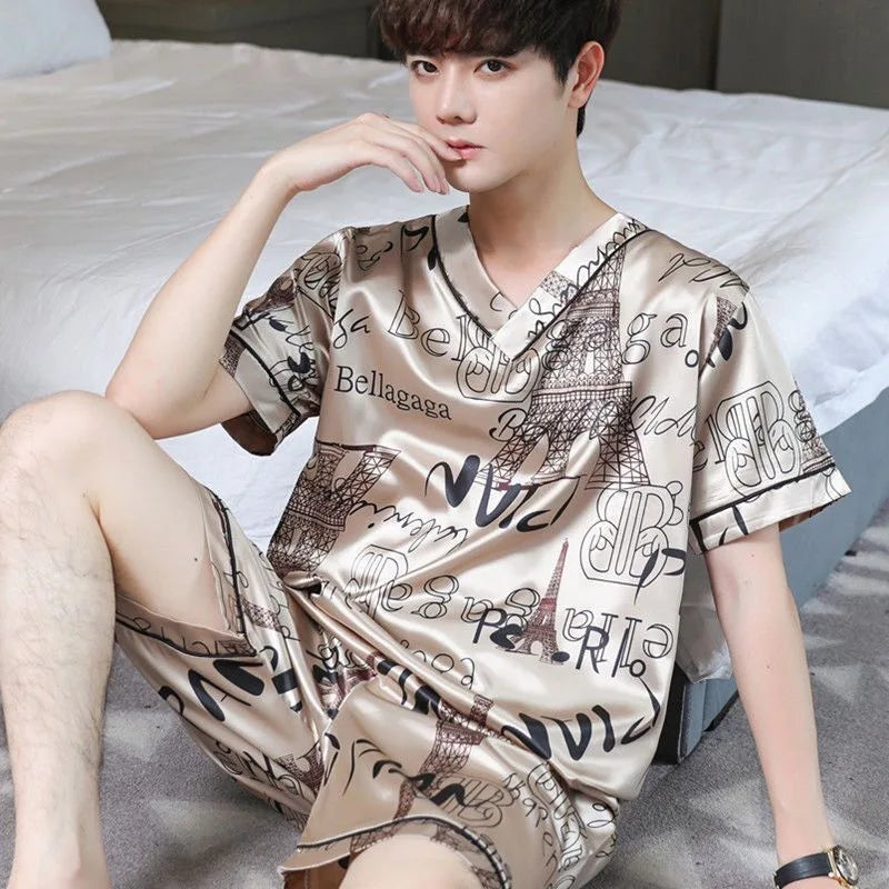Men's Ice Silk Pajamas Set | Comfortable Short Sleeve Homewear