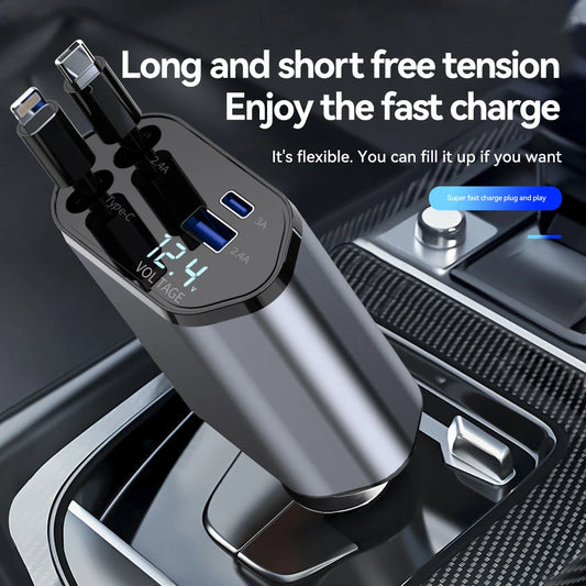 120W 4-in-1 Car Charger | Fast Retractable Charging Adapter