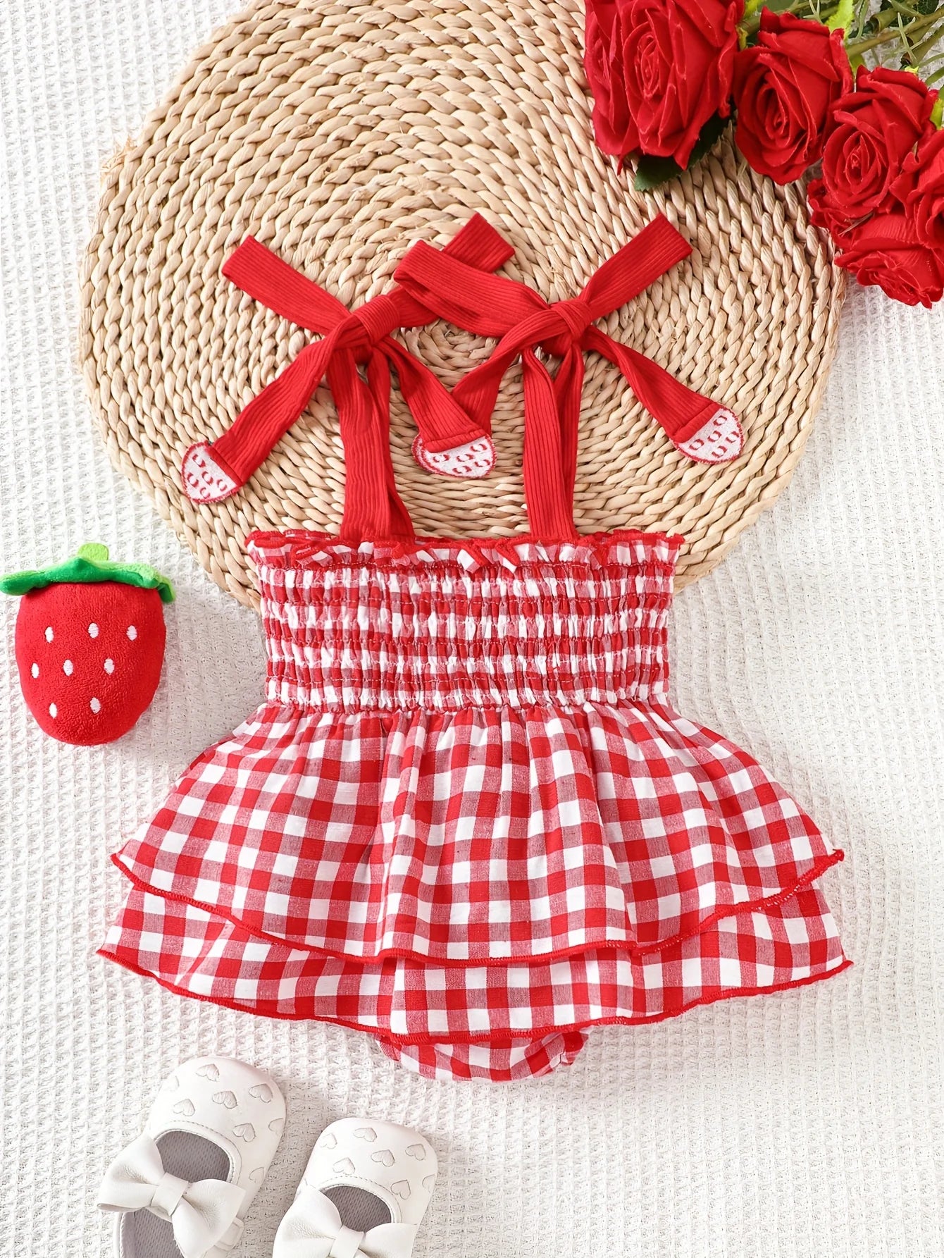 Baby Girl Strawberry Gingham Smocked Romper Dress | Adorable Summer Outfit