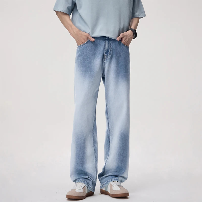 Men's Summer High Street Gradient Light Blue Jeans | Comfortable Fit