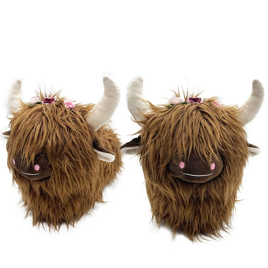 Pantuflas de peluche de vaca de las Highlands | Chanclas cómodas de animales kawaii