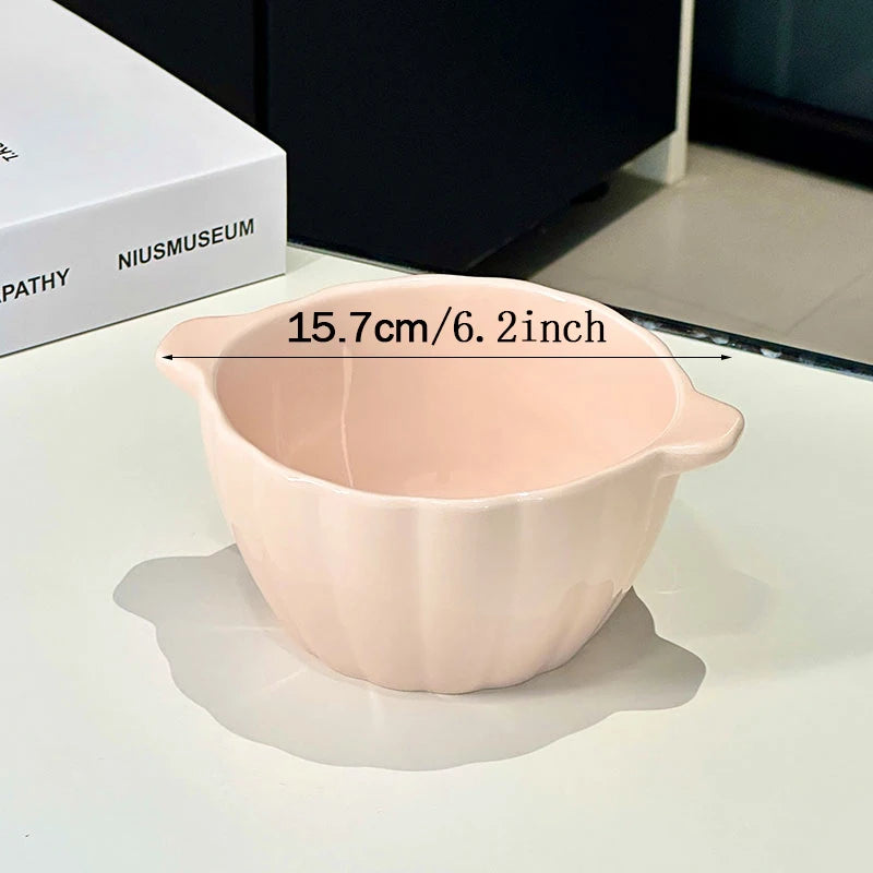 Ceramic Double-Handle Pumpkin Bowl | Versatile Tableware for All Meals
