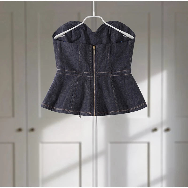 Women’s Retro Denim Vest Suit Jacket & High Waist Pants Set