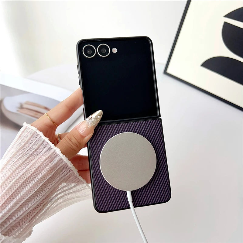 Magnetic Carbon Fiber Texture Phone Case For Samsung Galaxy Z Flip 3 4 5 6 7 For Magsafe Protective PC Back Cover Fundas