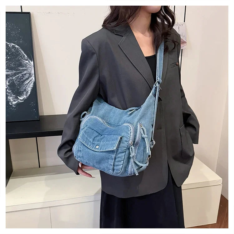 Trendy Solid Color Denim Shoulder Bag | Versatile Women's Crossbody