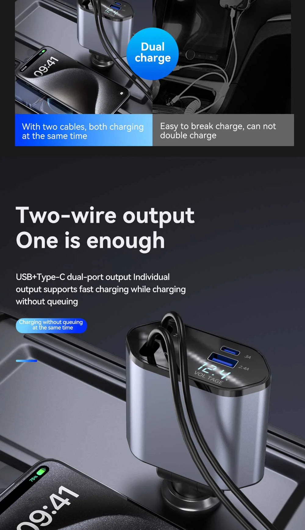 120W 4-in-1 Car Charger | Fast Retractable Charging Adapter