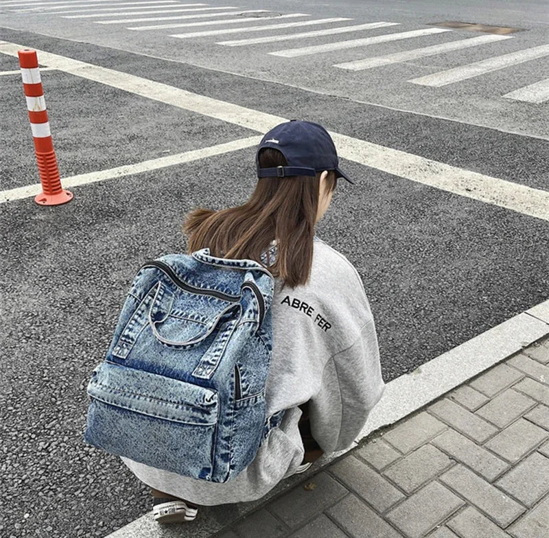 Casual Denim Backpack | Large Capacity Laptop Bag for School & Travel
