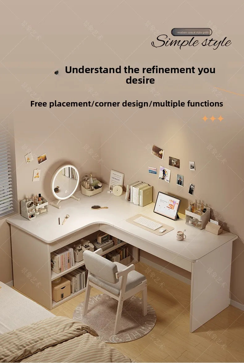 Integrated Corner Workbench & Bookshelf | Modern White Computer Desk