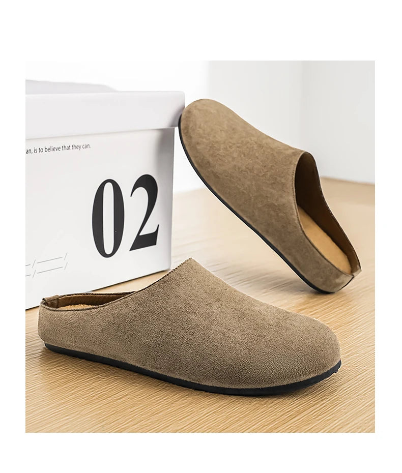 New Men's Slippers New Retro Solid Color Flat Bottom Women's Slingback Shoes Closed Toe Round Toe Suede Clogs Sandals Autumn