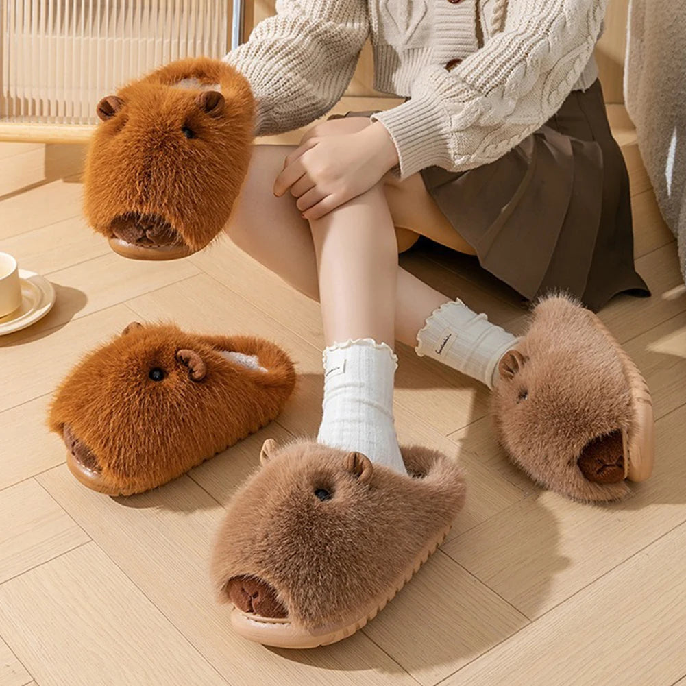 Women's Cute Plush Capybara Slippers | Fluffy Winter Indoor Shoes