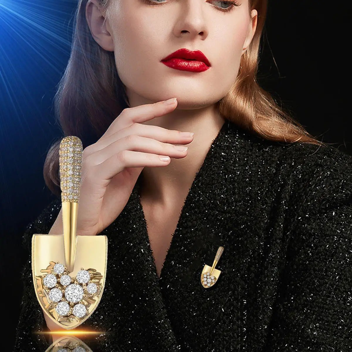 Elegant Gold Color Rhinestone Shovel Brooch for Stylish Accessory