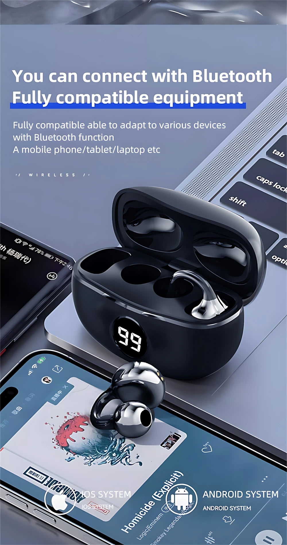 Wireless Bluetooth Open Ear Earbuds | Noise Cancelling Sports Earphones