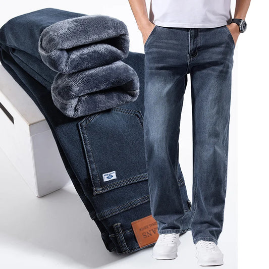 Men’s Winter Warm Fleece Lined Thick Stretchable Business Casual Jeans Lightweight Office & Daily Wear Loose Fit Trousers