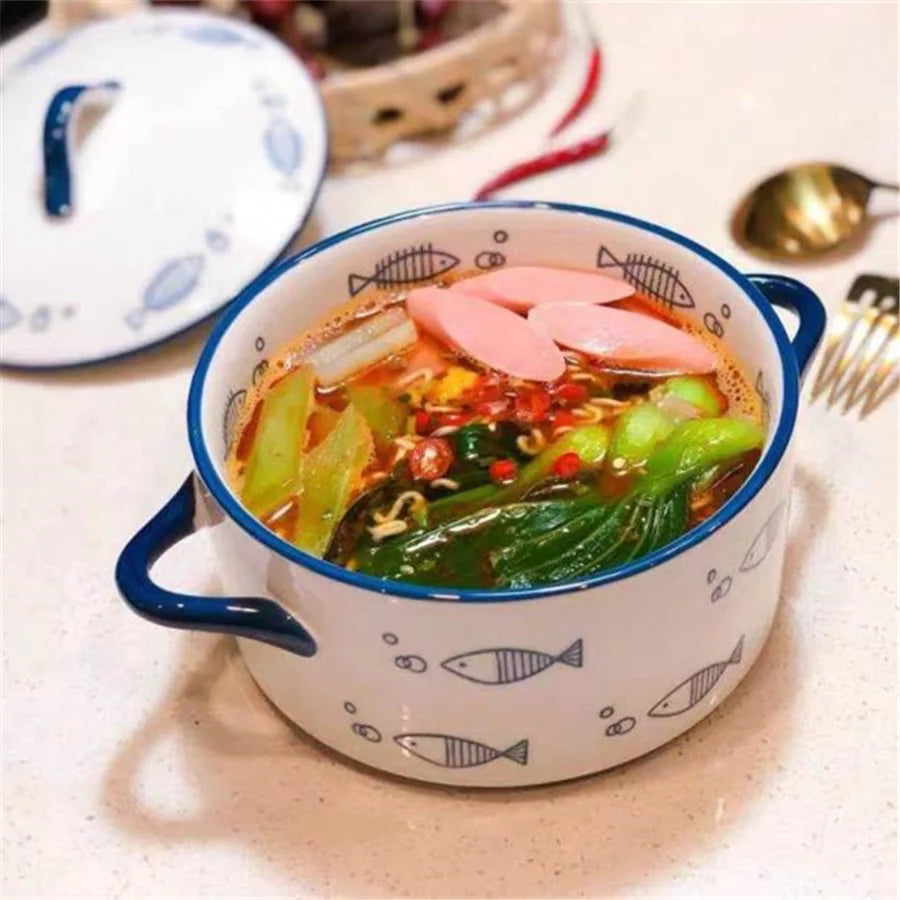 Ceramic Double Ear Bowl with Cover | Perfect for Noodles & Soup