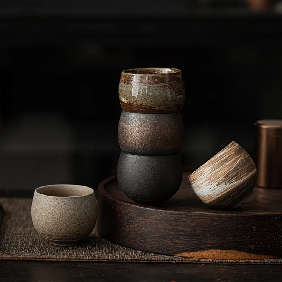 Handmade Rough Pottery Tea Cup | Antique Ceramic Kung Fu Tea Set
