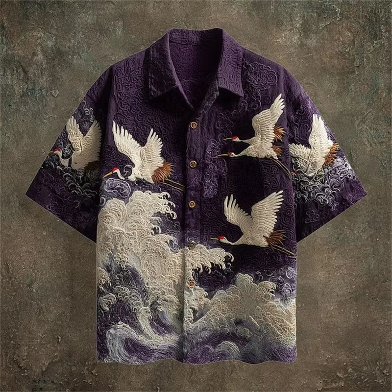 Men's Casual Short Sleeve Shirt | Dark Green Crane Pattern Fabric