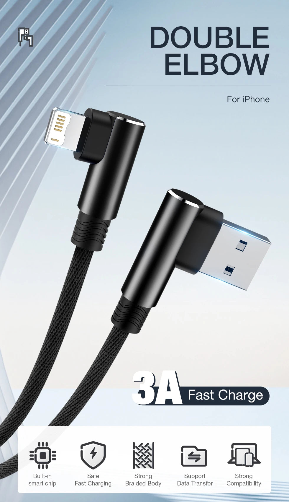 Fast Charge 90 Degree USB Cable for iPhone & iPad | 2m & 3m Options