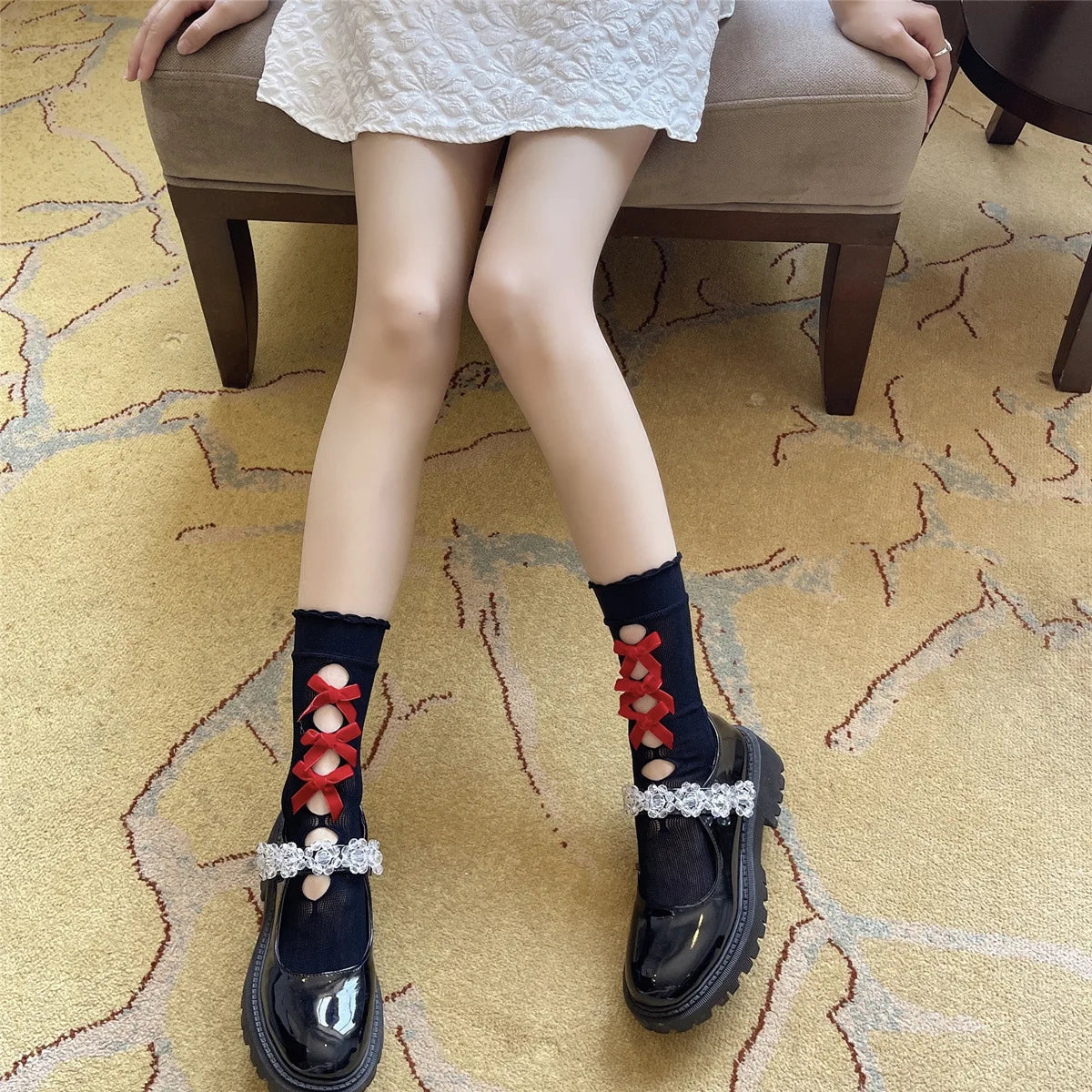 Kawaii Hollow Out Mesh Fishnet Socks | Cute Bow Long Stockings
