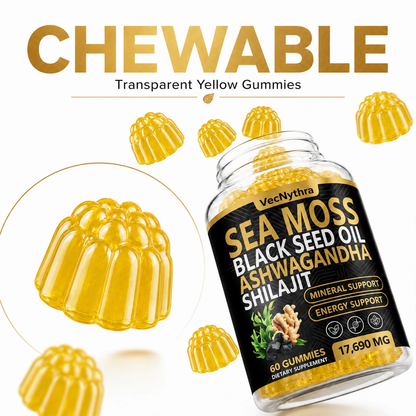 Powerful 60pcs Sea Moss & Shilajit Gummies | Boost Immunity & Energy