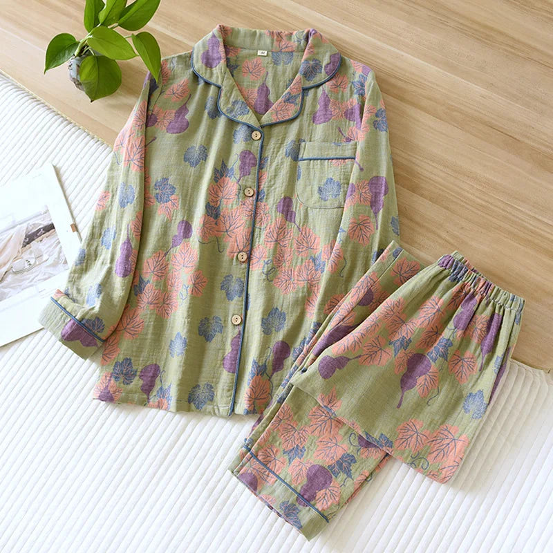 2026 Japanese Spring and Autumn New Women's Pajama Set 100% Cotton Vintage Long sleeved Pants Two Piece Set for Home Furnishings