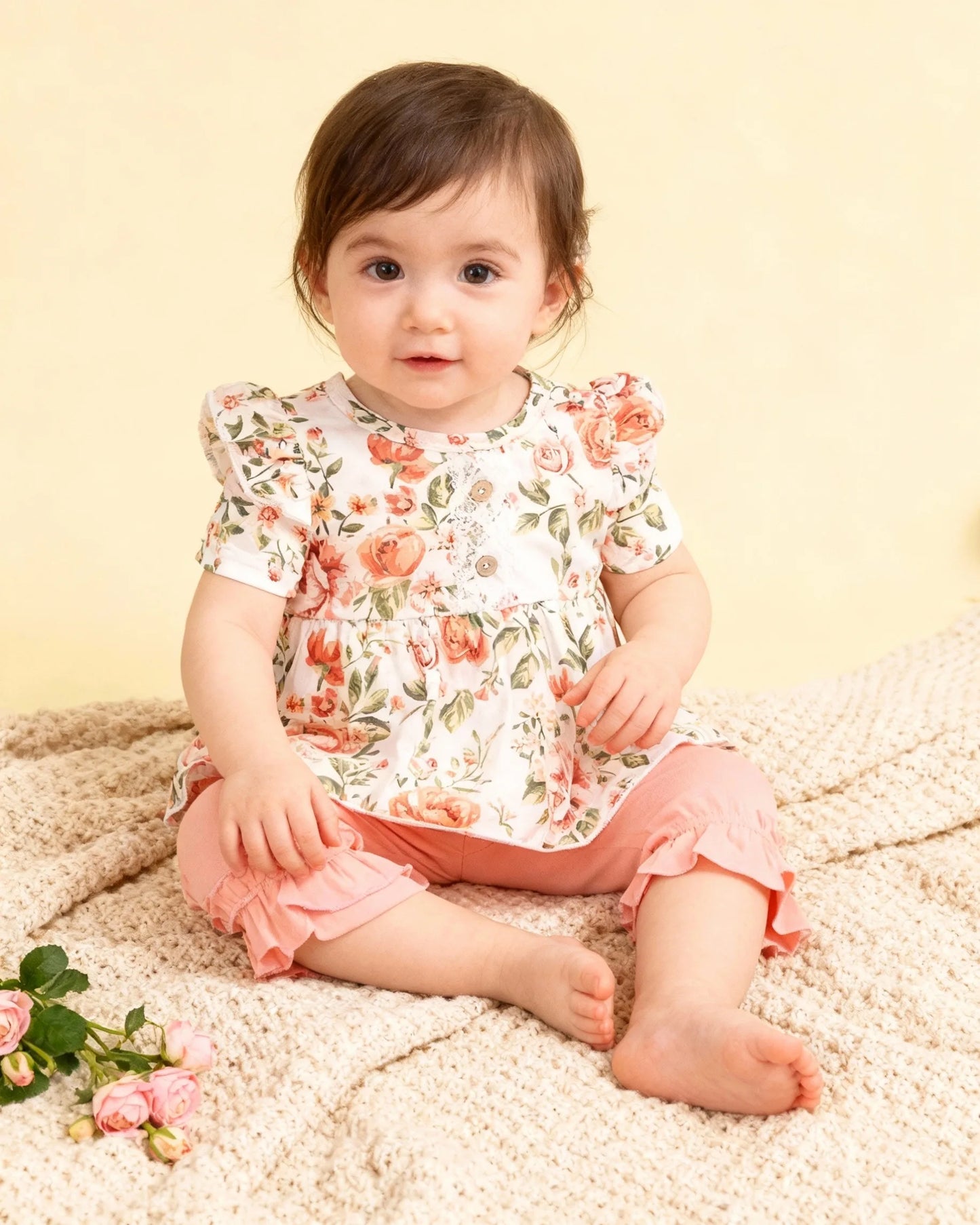 Baby Girl Floral Ruffle Top & Lace Trim Pants Set | Cute 2pc Outfit