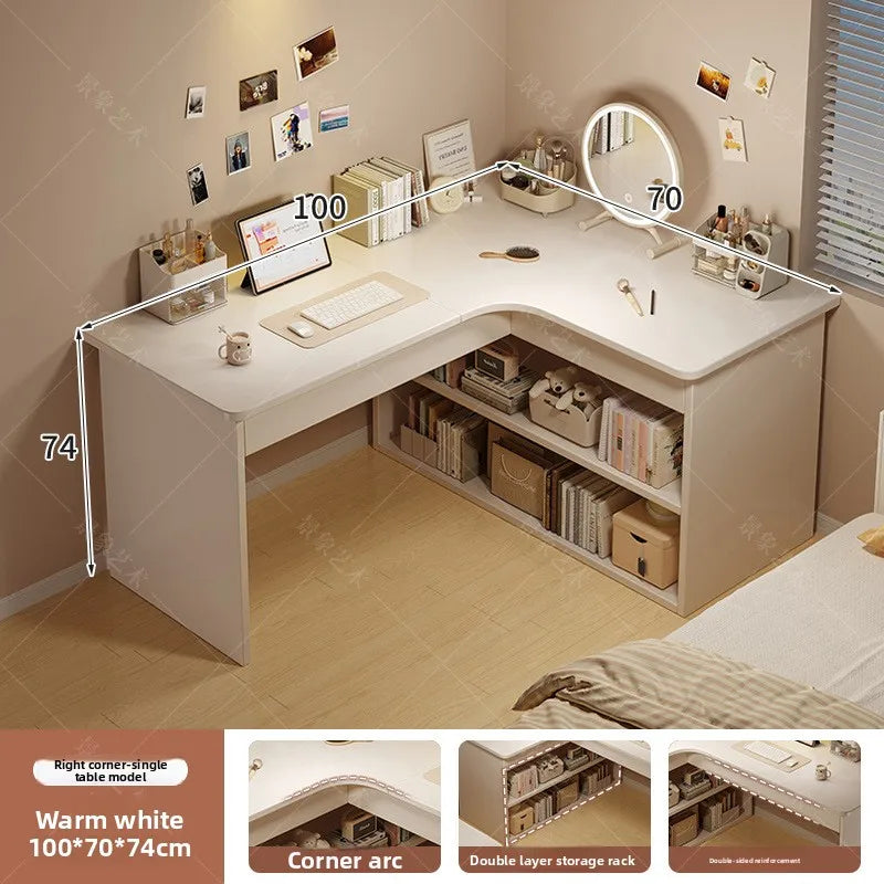 Integrated Corner Workbench & Bookshelf | Modern White Computer Desk
