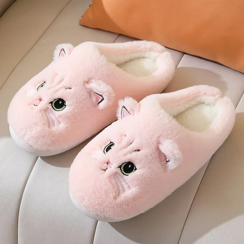 Cute Cat Fluffy Platform Slippers | Furry Plush Indoor Shoes