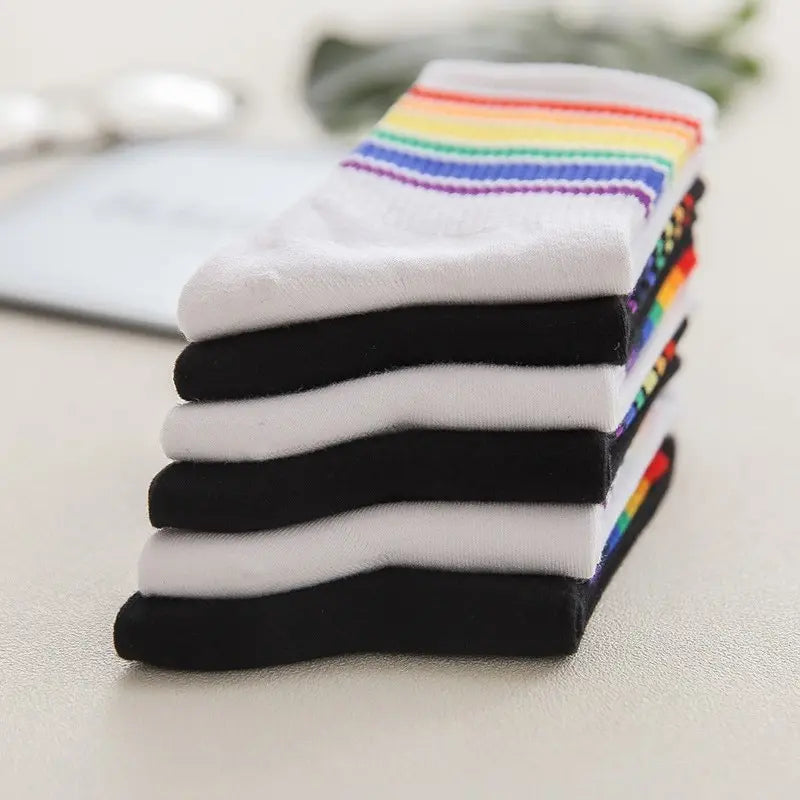 Trendy Women's Autumn Rainbow Striped Tube Socks | Stylish High Tops