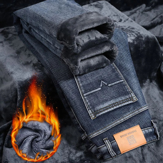 Premium Denim Men’s Jeans Fleece Lined Winter Warm Velvet Casual Straight Leg Thick Durable Pants with Pockets