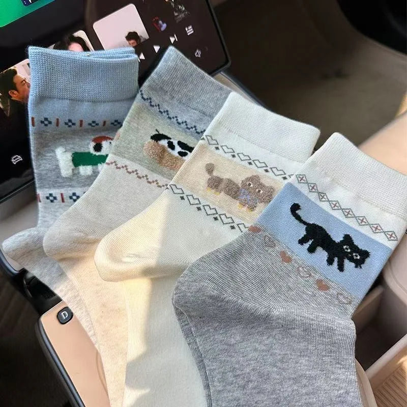 Cute Mid-Calf Socks with Adorable Kitten & Puppy Patterns
