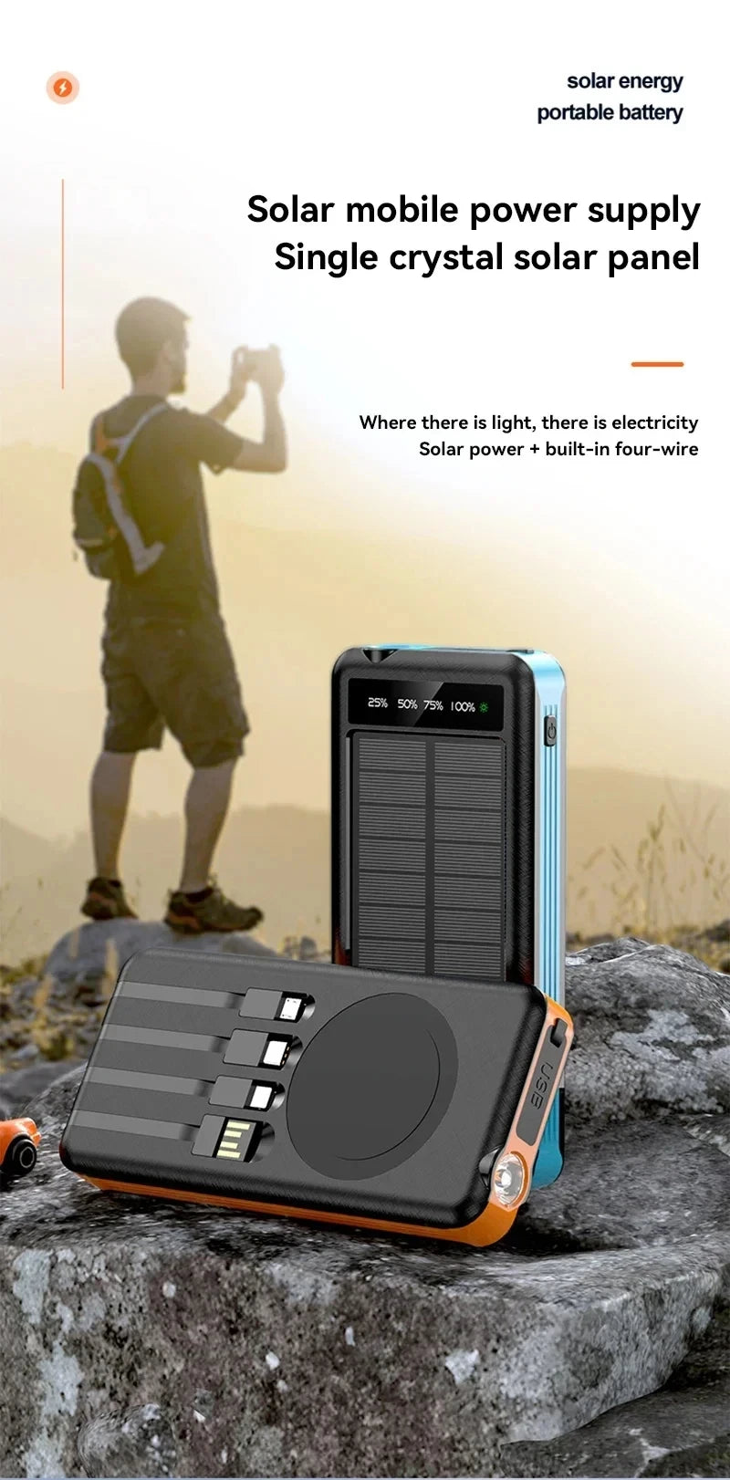 50000mAh Solar Power Bank with Wireless Fast Charging & Dual USB
