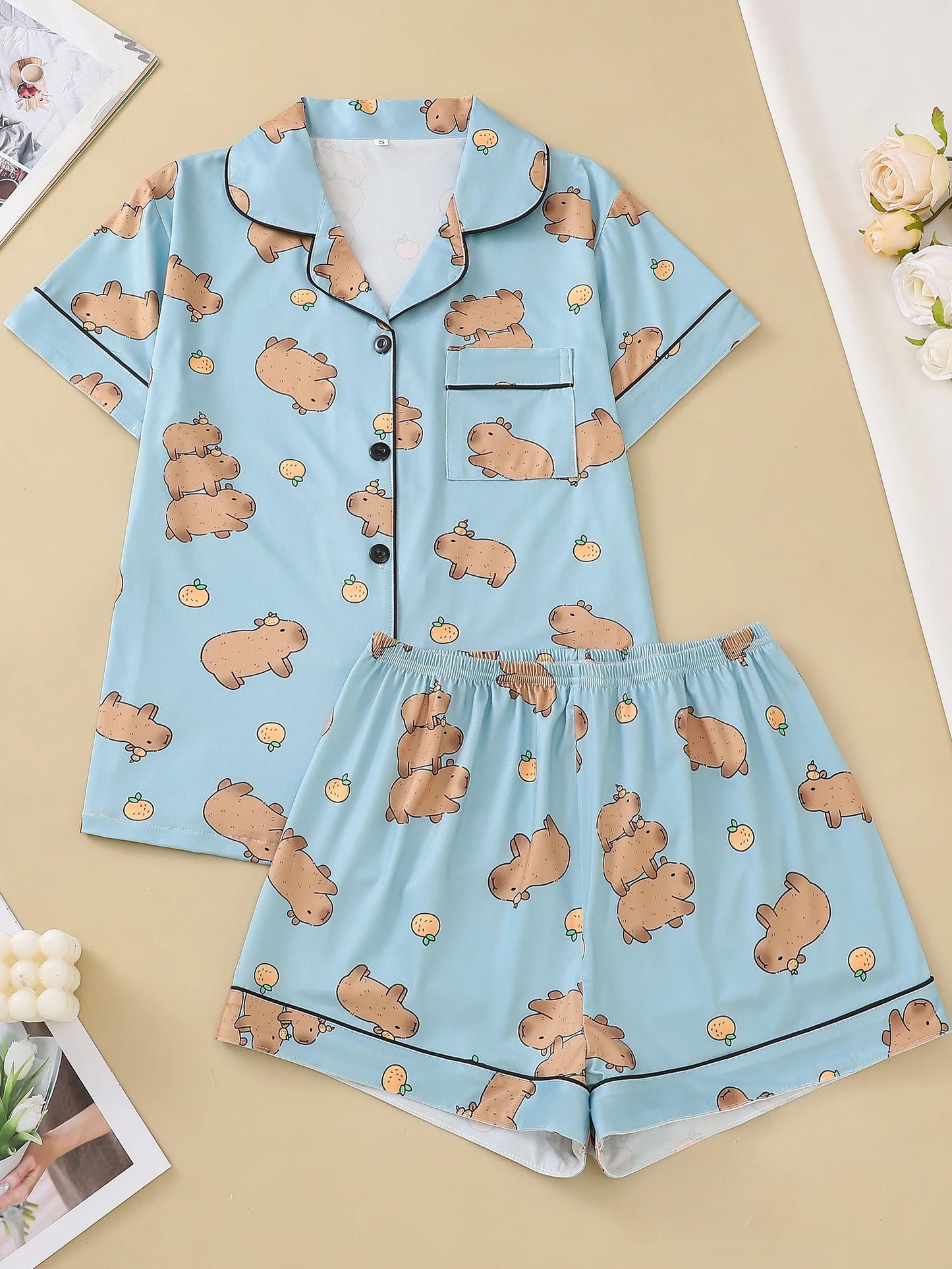 Cute Capybara Cardigan Pajamas Set for Women | Comfy Sleepwear