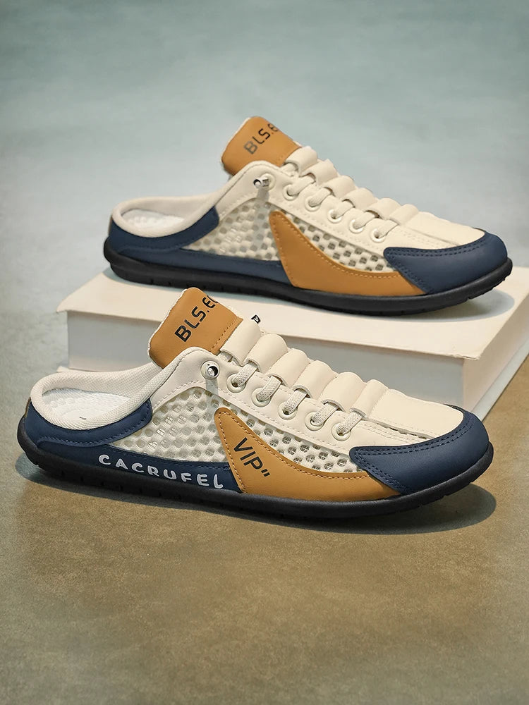 Summer Breathable Mesh Slip-On Half-Slipper for Men, Casual Soft-Soled Closed-Toe Slippers, Mesh Upper Is Refreshing and Breathable, Does Not Suffocate the Feet, Lace-Free Design Is Convenient for Lazy People