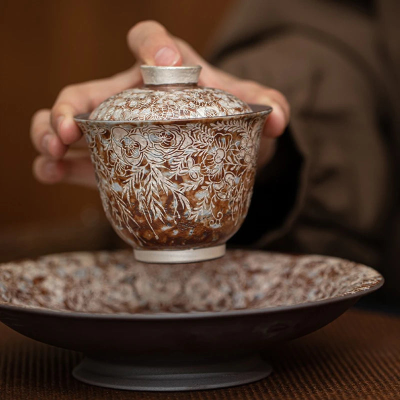 Juego de té Gaiwan de plata dorada elegante | Exquisita vajilla de cerámica