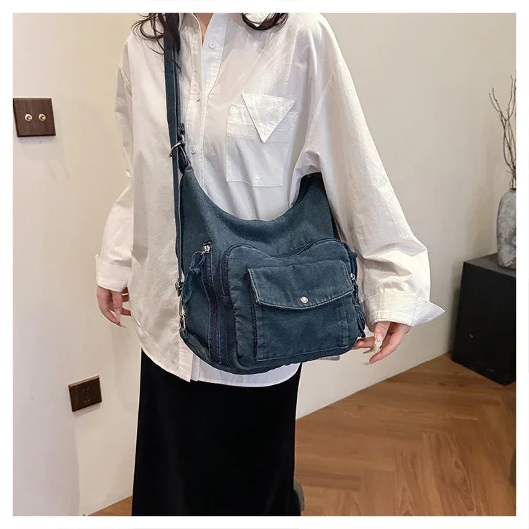 Trendy Solid Color Denim Shoulder Bag | Versatile Women's Crossbody