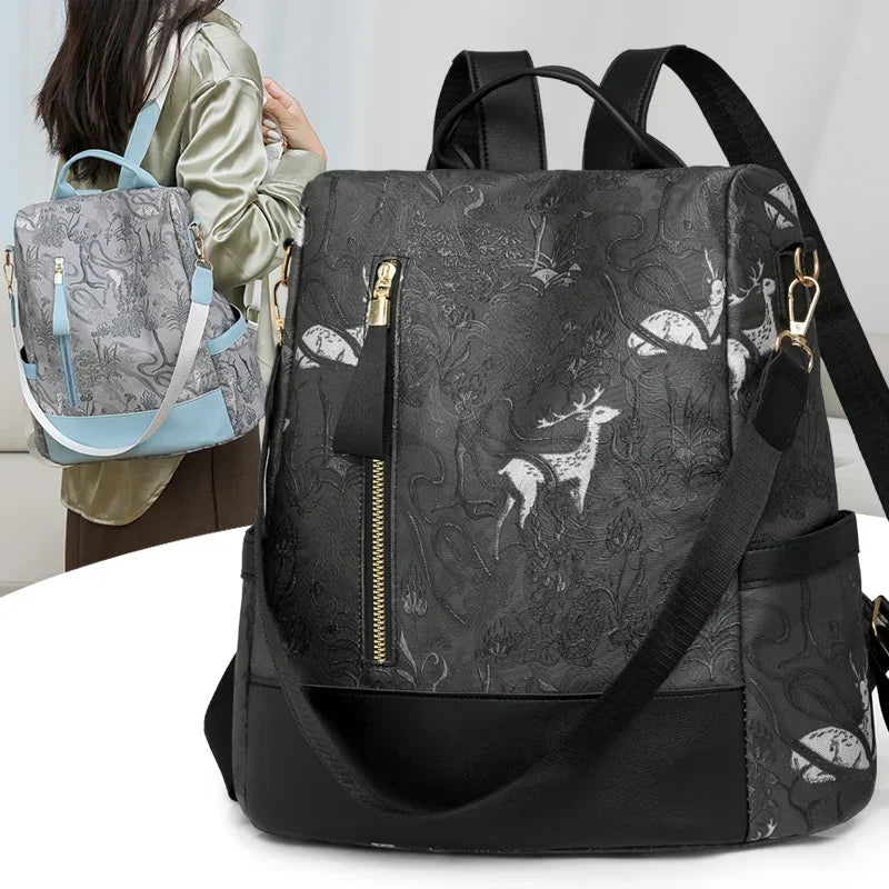 Stylish Color Blocking PU Leather Backpack | Anti-Theft Travel Bag