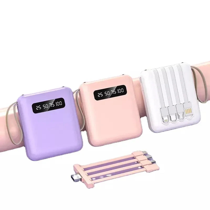 High-Capacity Mini Power Bank with LED Display & Built-in Cable