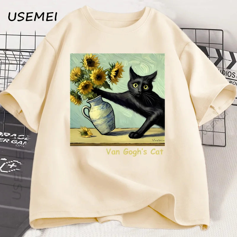 Funny Cat Art Print T-Shirt | Trendy Summer Short Sleeve Tee
