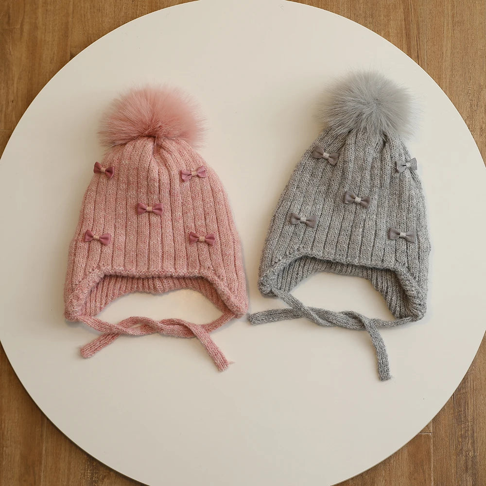 Warm Winter Hat for Girls | Cute Kids Bonnet with Pompom & Bows