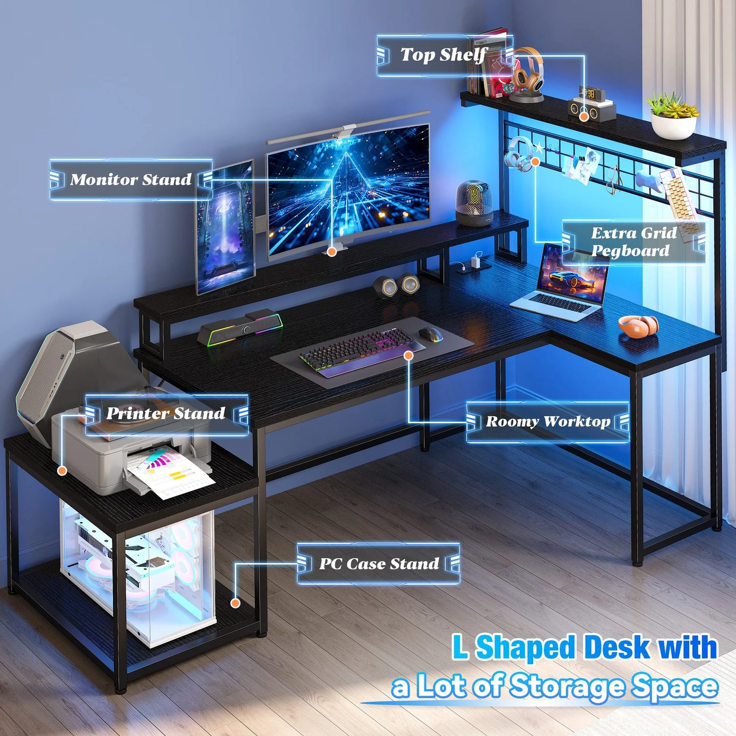 L Shaped Gaming Desk with LED Lights & Power Outlets for Home Office
