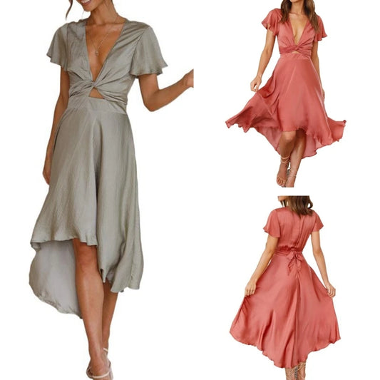 Women's Summer Satin Ruffle Midi Dress | Flowy High Low Hem
