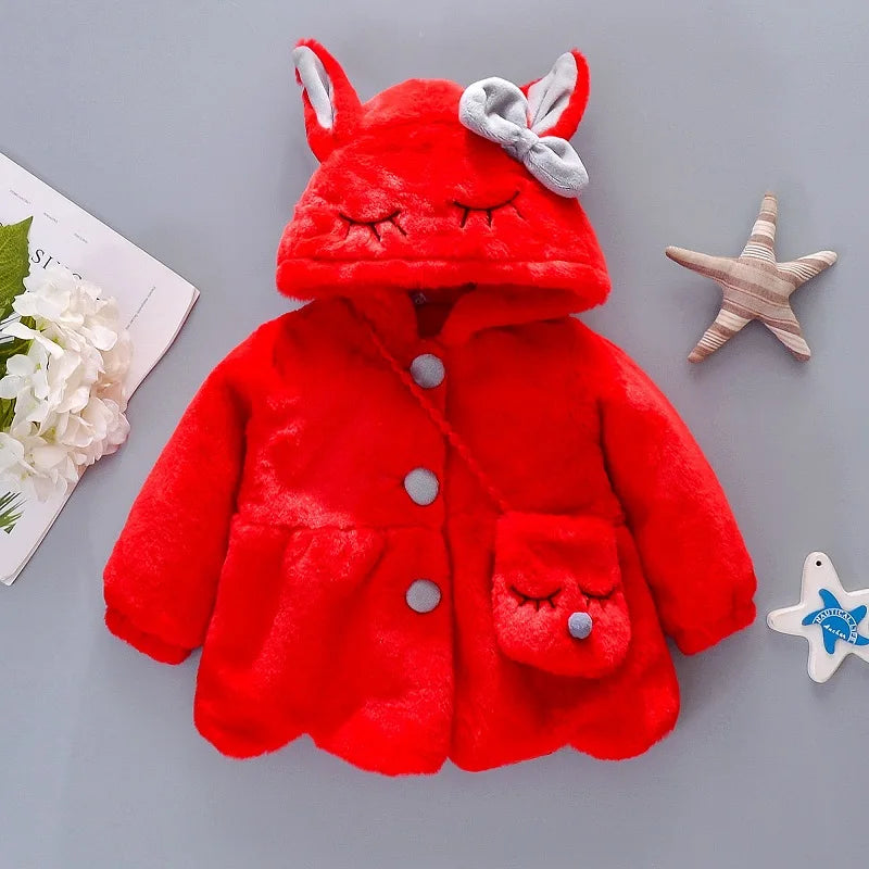 Abrigo de invierno para bebé niña con bolso cruzado y lazo | Ropa de abrigo cálida