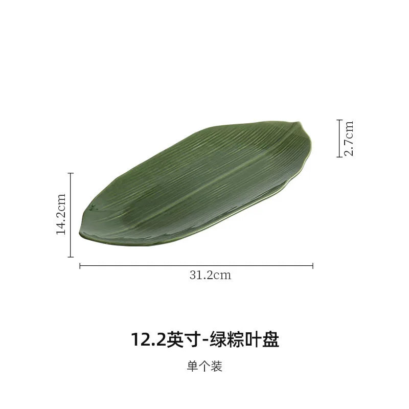 Elegant Green Bamboo Leaves Ceramic Sushi Plate for Desserts