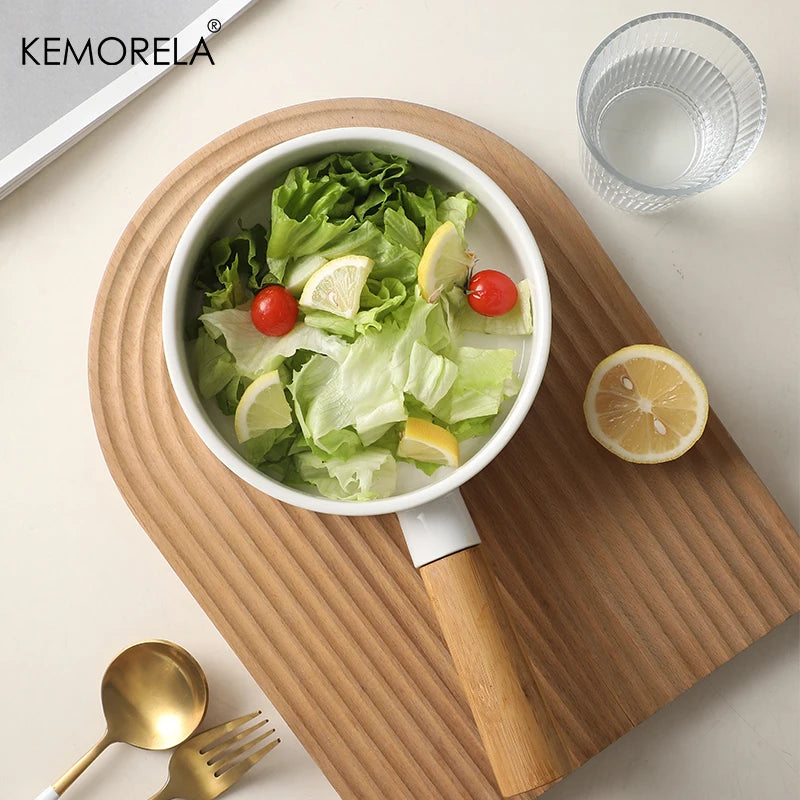 Ceramic Salad Bowl with Wooden Handle | Versatile Tableware