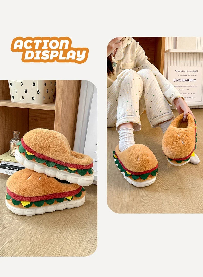 Funny Hamburger Plush Slippers | Cozy 3D Cartoon Slides for All