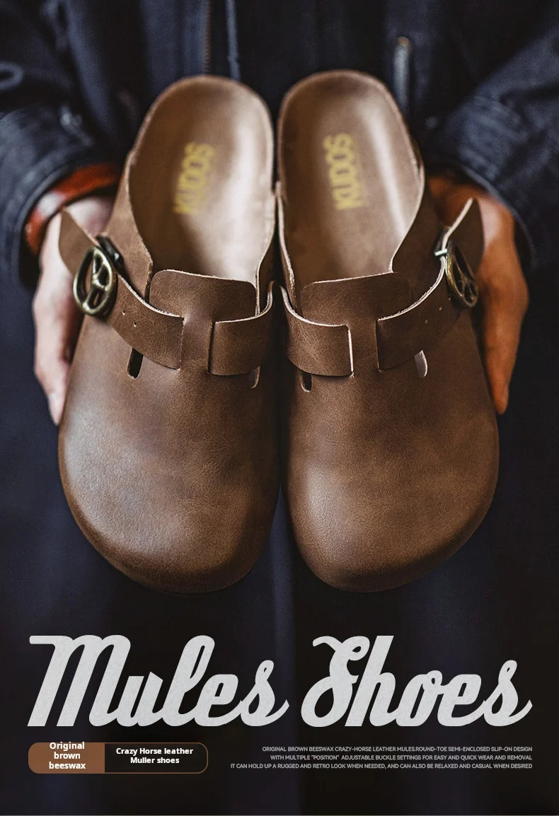 Men's Vintage Brown Leather Mules | Comfortable Slide-On Slippers